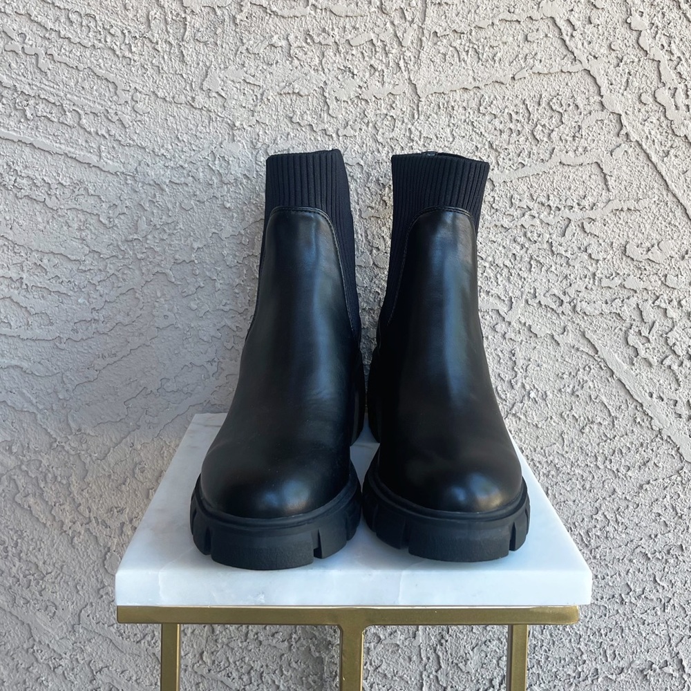 MANGO MNG Black Faux Leather Track Lug Sole Pull On Platform Boots Sz 38 US 7.5 - Picture 6 of 12